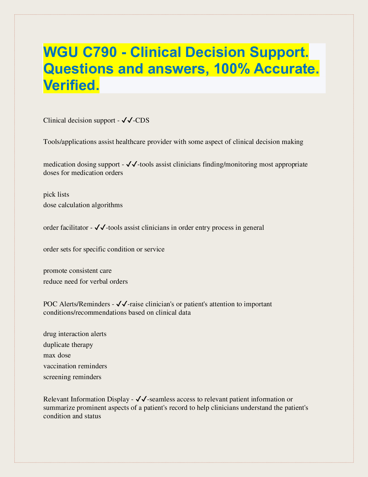 Preview of WGU C790 - Clinical Decision Support.  Questions and answers, 100% Accurate.  Verified.